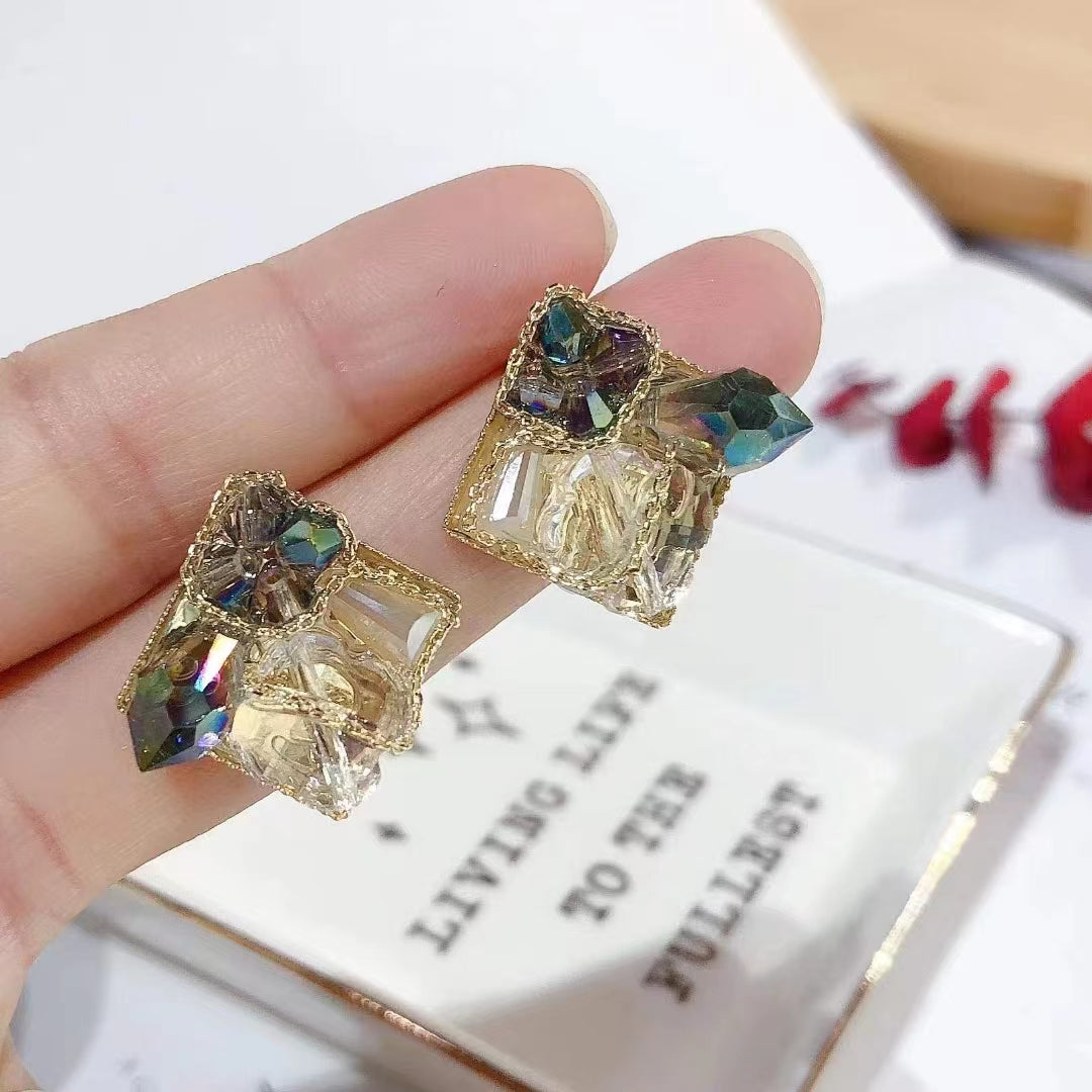 1027 S925 shelian handmade square crystal earrings