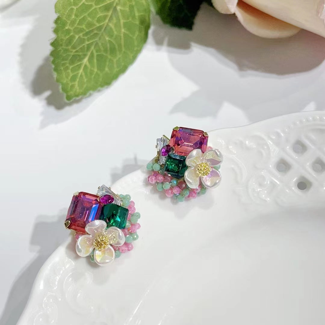 1029 S925 shelian handmade flower crystal earrings