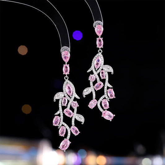 S925 Elegant long - style noble consort - inspired leaf earrings for women, luxurious and high - end, super - shiny zircon ear drop