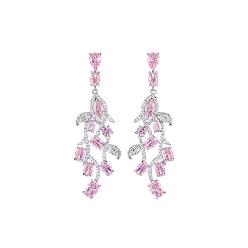 S925 Elegant long - style noble consort - inspired leaf earrings for women, luxurious and high - end, super - shiny zircon ear drop